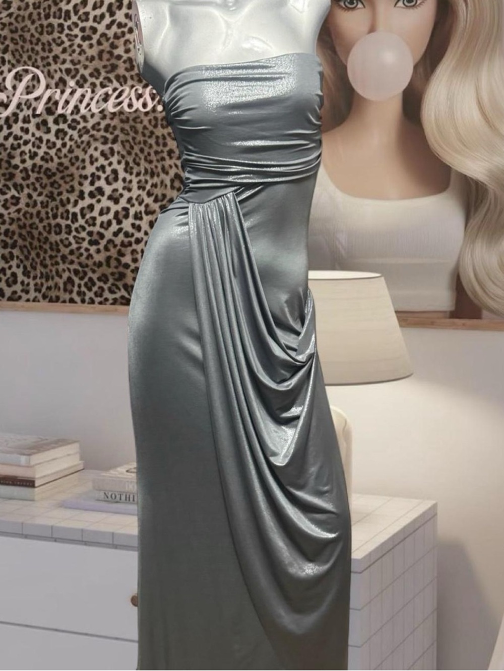 Soho Green Metallic Shimmer Draped Strapless Maxi Dress